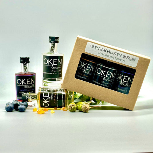 OKEN Bagalutenbox - Probierbox mit dreierlei einzigartigen Premium-Spirituosen aus Eicheln. Frontansicht Flasche.