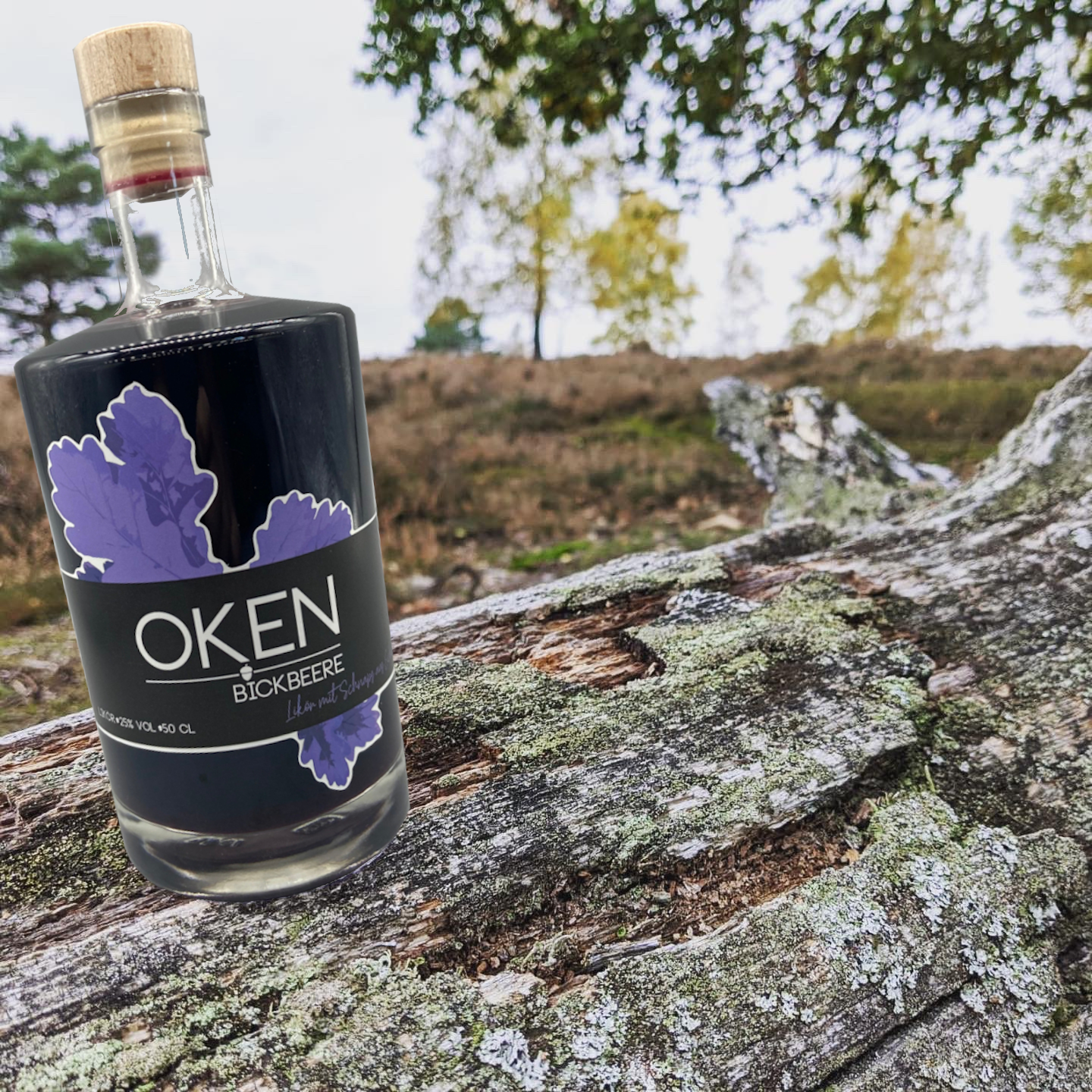 OKEN Bickbeere - unvergleichlich fruchtiger Blaubeer-Vanille-Likör auf Basis unseres Edelbrands aus Eicheln. Frontansicht Flasche in der Lüneburger Heide.